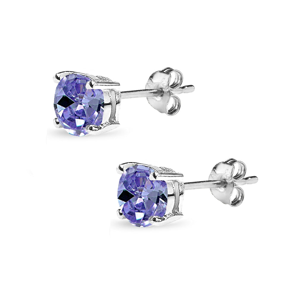Sterling Silver Created Tanzanite 6mm Round Solitaire Dainty Stud Earrings-2