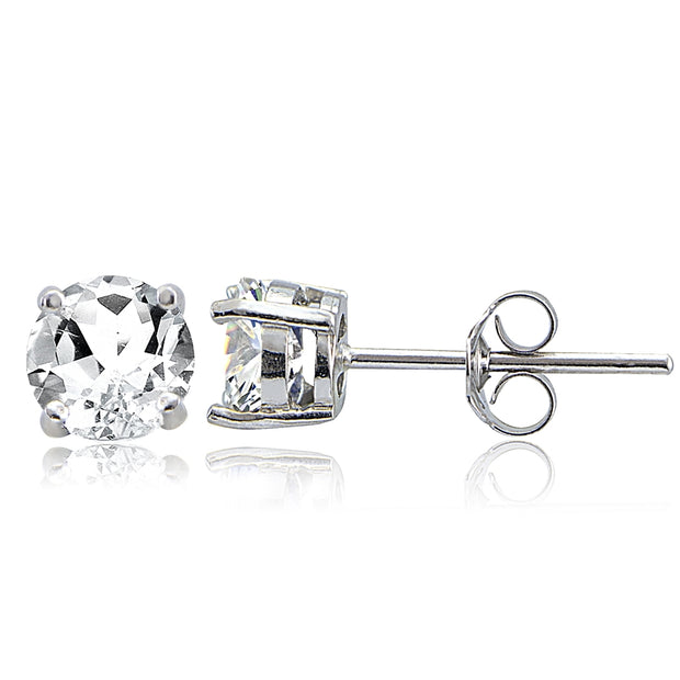 Sterling Silver White Topaz 6mm Round-Cut Solitaire Stud Earrings