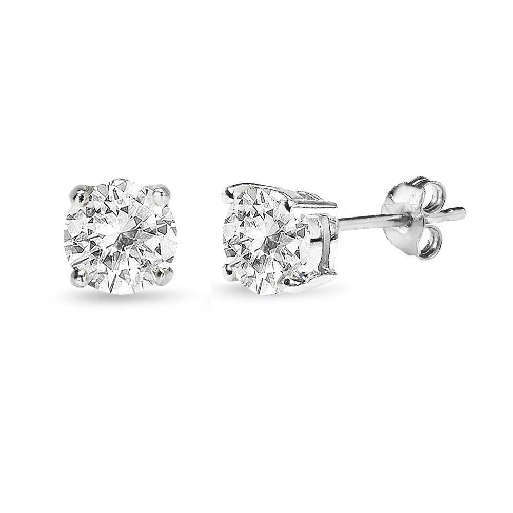 Sterling Silver White Topaz 6mm Round-Cut Solitaire Stud Earrings-2