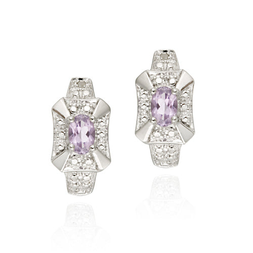 Sterling Silver Genuine Amethyst & Diamond Accent Rectangle Frame Half Hoop Earrings