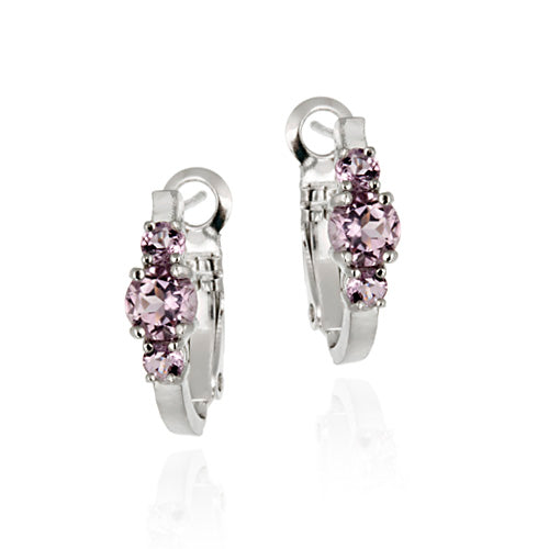 Sterling Silver Genuine Amethyst Three Stone Hoop Earrings