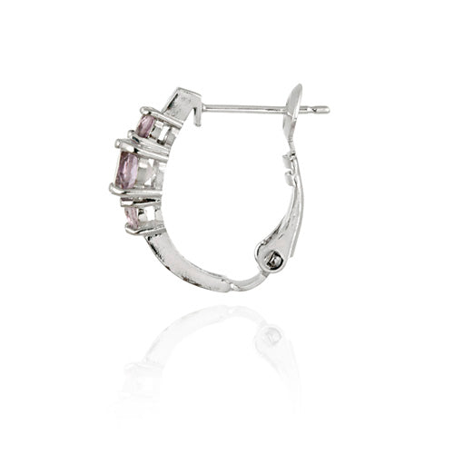 Sterling Silver Genuine Amethyst Three Stone Hoop Earrings-2