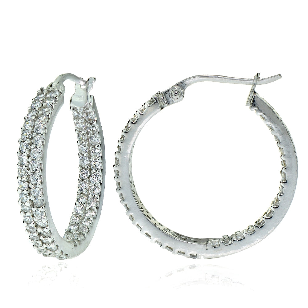 Sterling Silver Cubic Zirconia 3x20mm Two Row Inside-Out Hoop Earrings