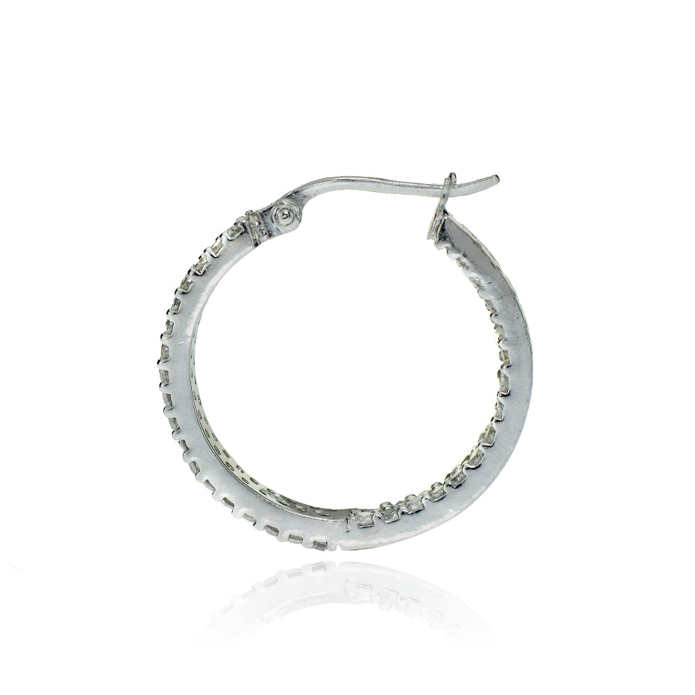 Sterling Silver Cubic Zirconia 3x20mm Two Row Inside-Out Hoop Earrings-2