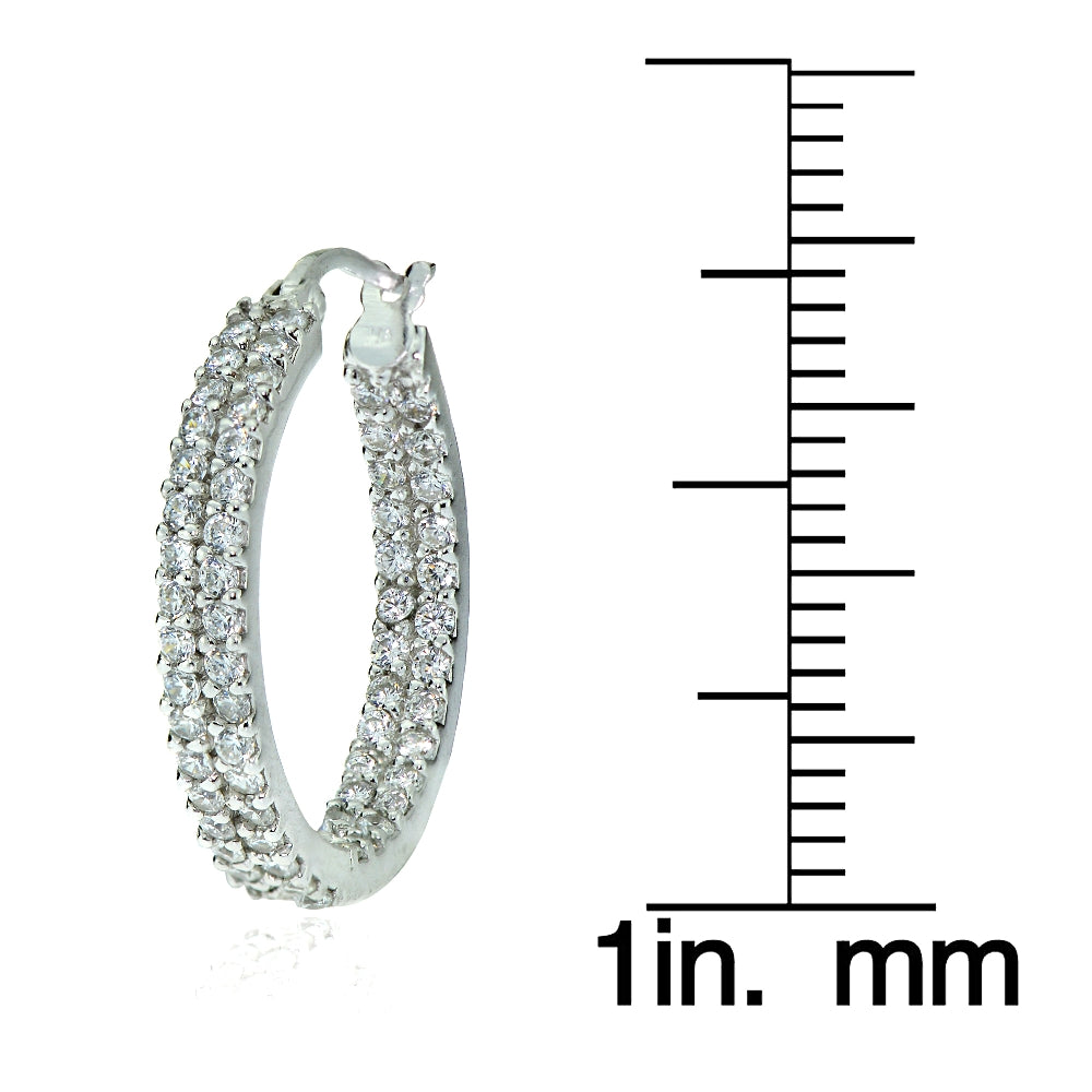 Sterling Silver Cubic Zirconia 3x20mm Two Row Inside-Out Hoop Earrings-3
