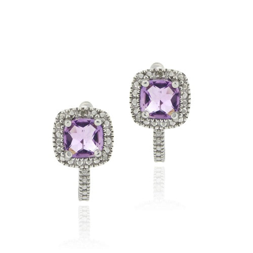 Sterling Silver Faceted Amethyst & Diamond Accent Huggie Earrings