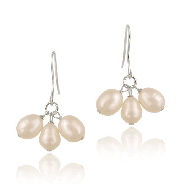 Sterling Silver Freshwater Cultured Peach Pearl Cluster Dangle Earrings