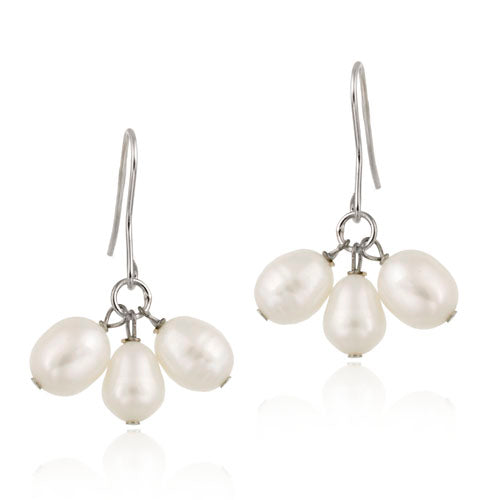 Sterling Silver White Freshwater Cultured Pearl Cluster Earrings