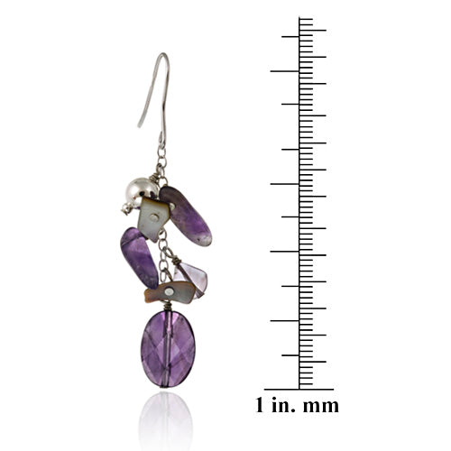 Sterling Silver Beads, Abalone, Amethyst Chips & Nuggets Cluster Earrings-3