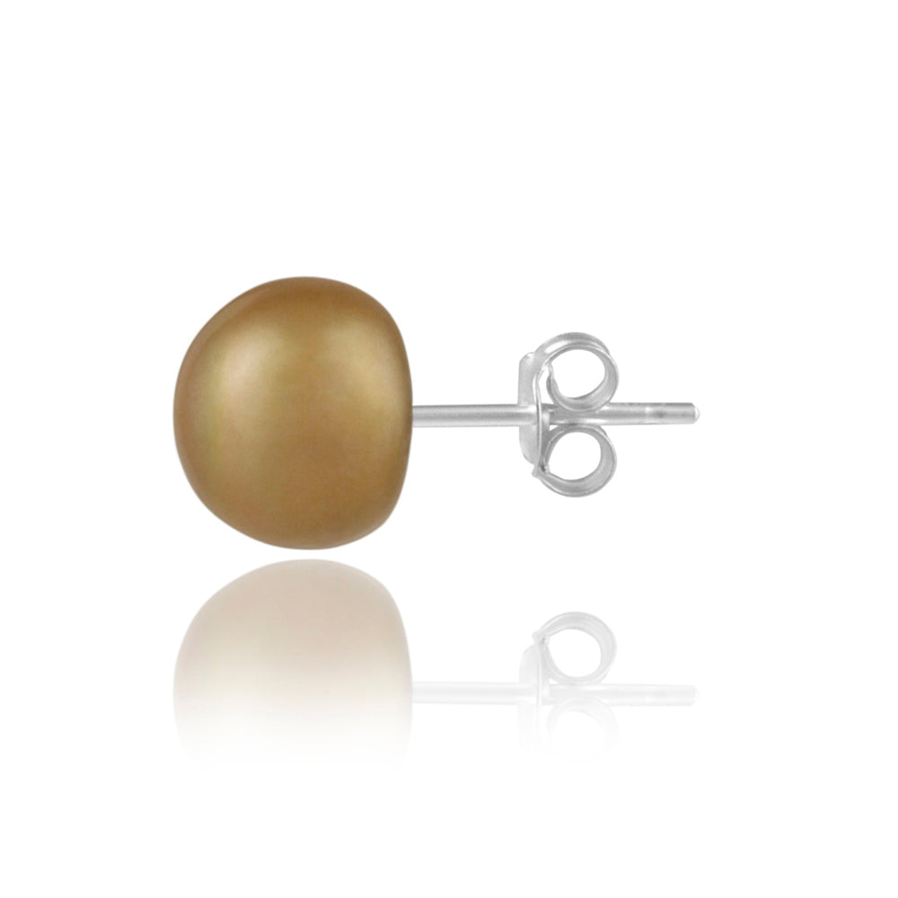 Sterling Silver Freshwater Cultured 10-10.5mm Golden Green Pearl Stud Earrings-2