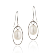 Sterling Silver White Freshwater Cultured Pearl Oval Dangle Earrings