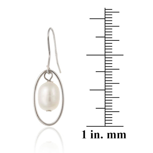 Sterling Silver White Freshwater Cultured Pearl Oval Dangle Earrings-3
