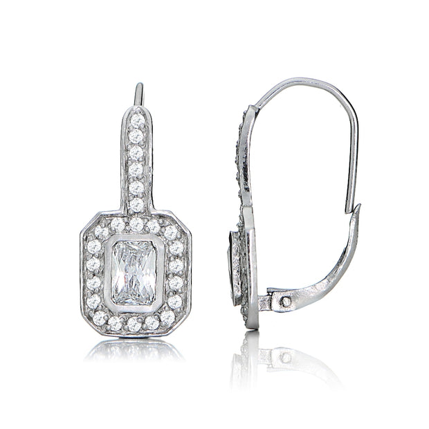 Sterling Silver Cubic Zirconia Rectangle Leverback Earrings