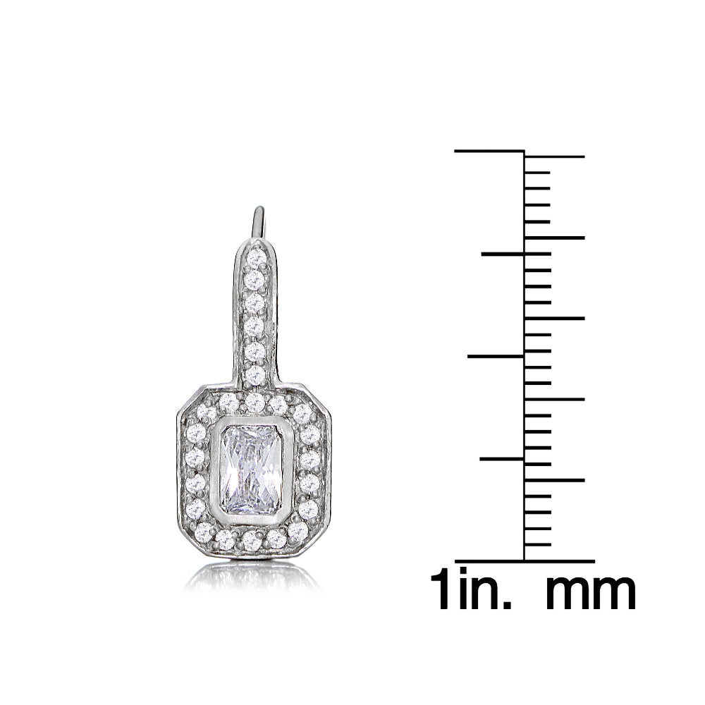 Sterling Silver Cubic Zirconia Rectangle Leverback Earrings-3