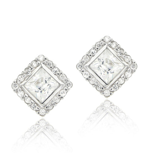 Sterling Silver CZ Princess Cut Stud Earrings