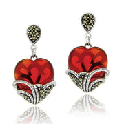 Sterling Silver Marcasite & Garnet Colored Glass Heart Earrings