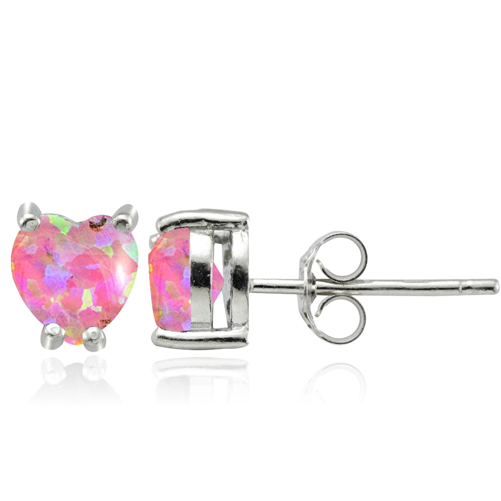 Sterling Silver Created Pink Opal 5mm Heart Stud Earrings