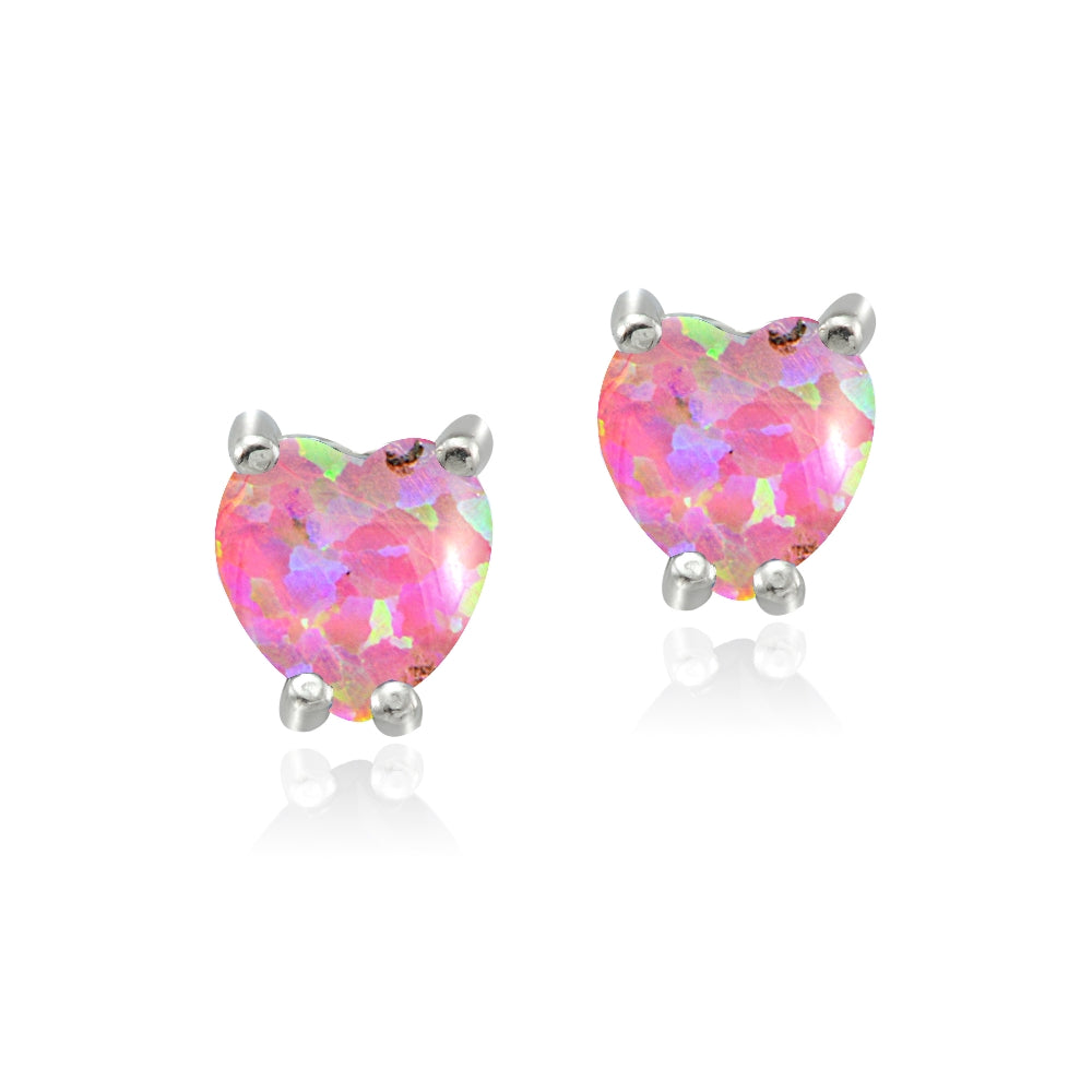 Sterling Silver Created Pink Opal 5mm Heart Stud Earrings-2