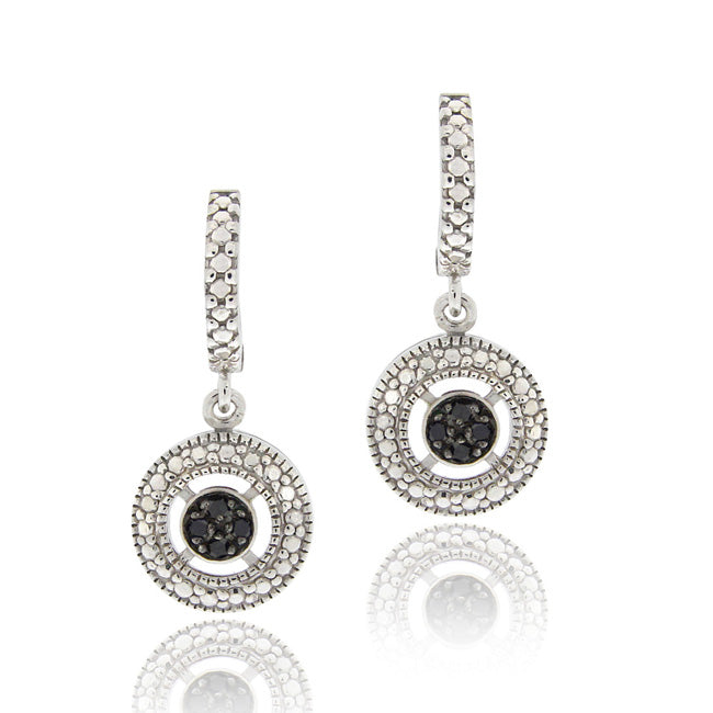 Sterling Silver 1/10 ct tdw Black Diamond Round Dangle Hoop Earrings