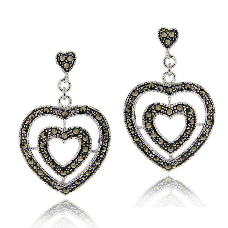 Sterling Silver Marcasite Double Heart Dangle Earrings