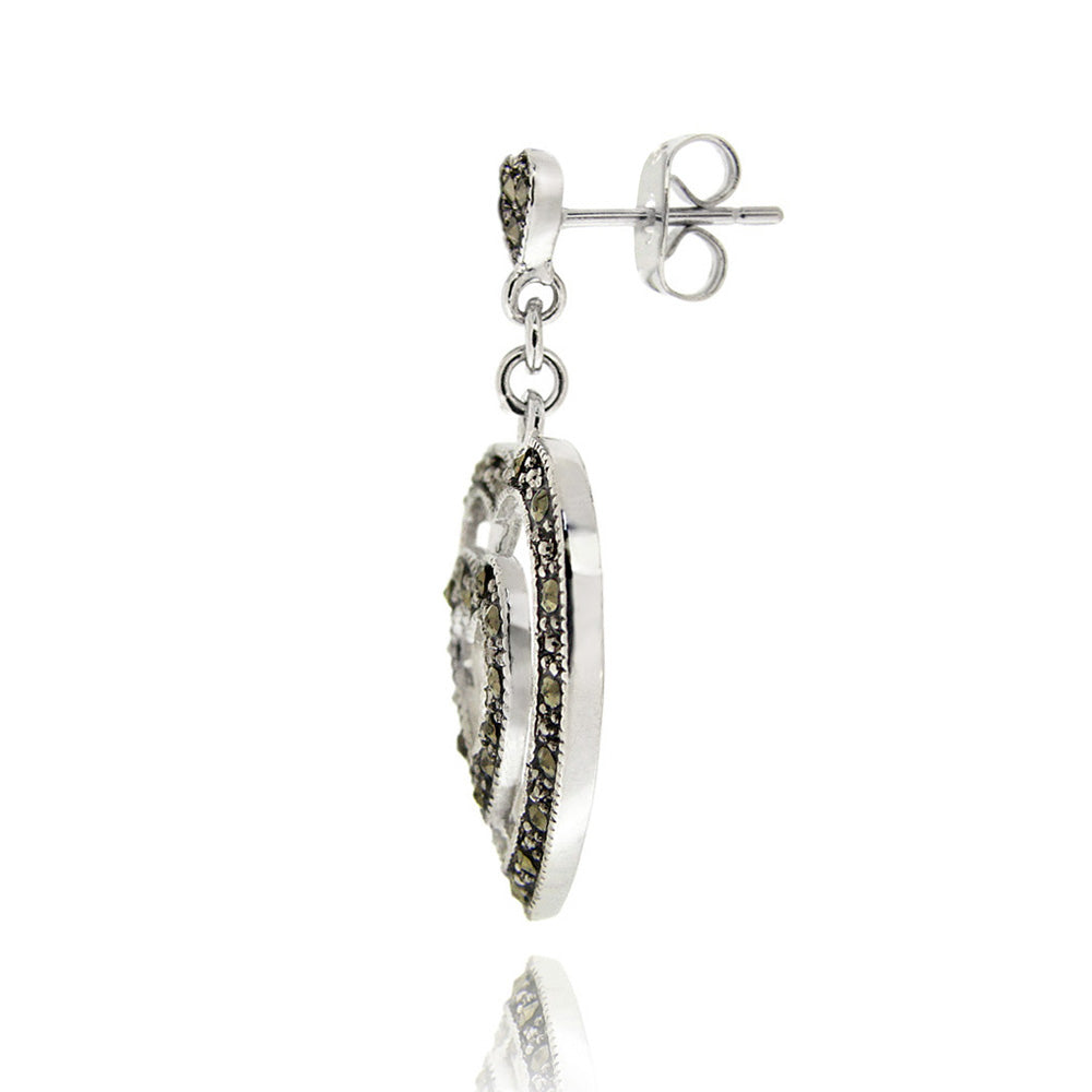 Sterling Silver Marcasite Double Heart Dangle Earrings-2