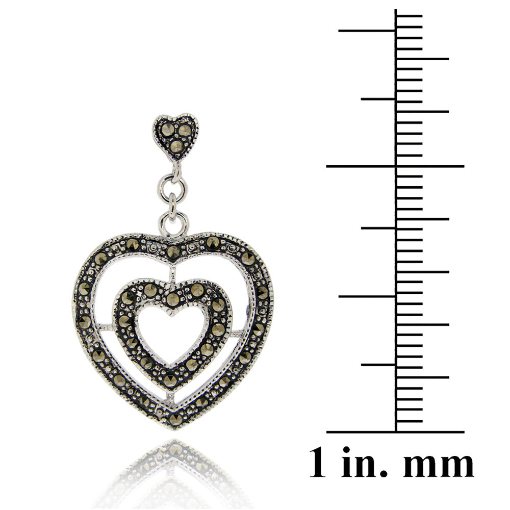 Sterling Silver Marcasite Double Heart Dangle Earrings-3