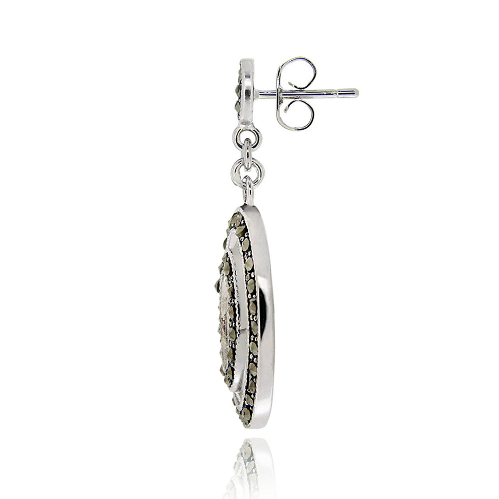 Sterling Silver Marcasite Double Oval Dangle Earrings-2