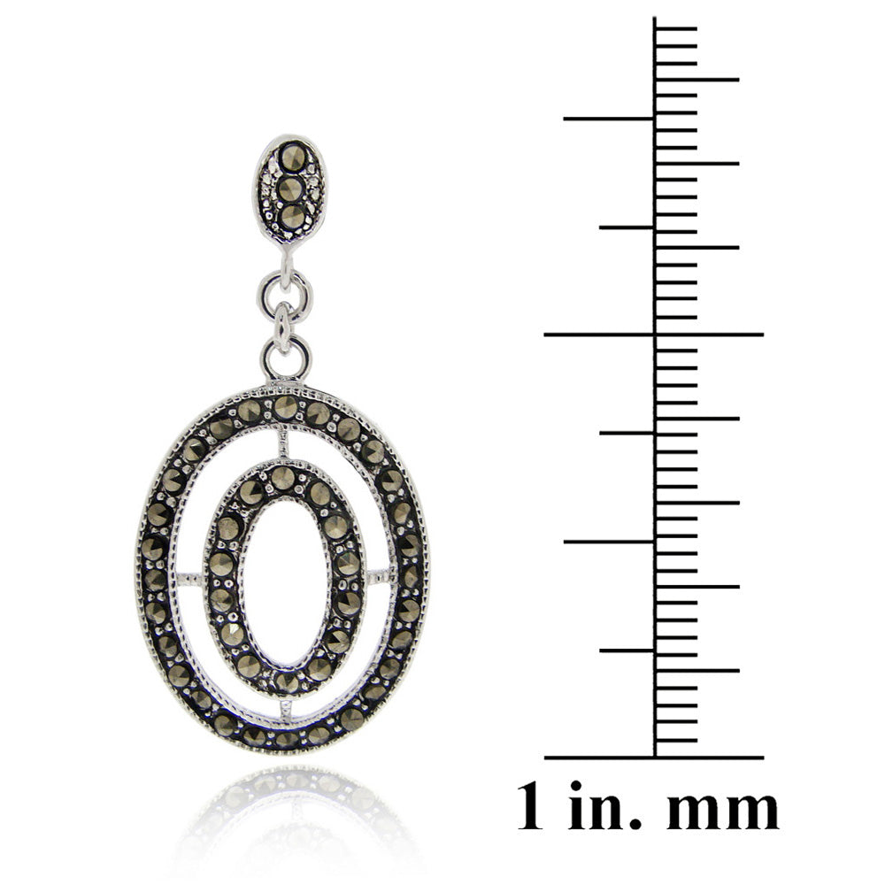 Sterling Silver Marcasite Double Oval Dangle Earrings-3