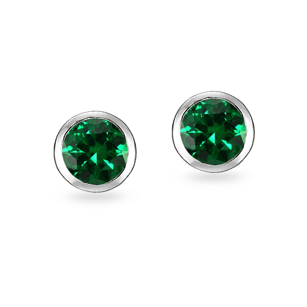 Sterling Silver Created Emerald 5mm Round Solitaire Stud Earrings-2