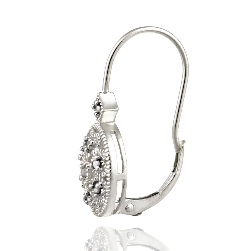 Sterling Silver Oval Filigree Diamond Accent Leverback Drop Earrings, JK-I3-2
