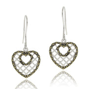 Sterling Silver Marcasite Grid Heart Dangle Earrings