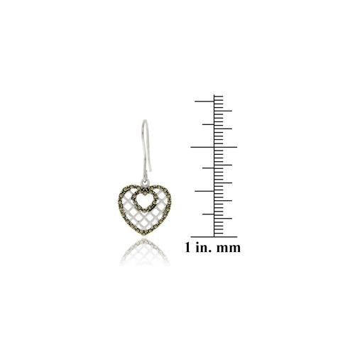Sterling Silver Marcasite Grid Heart Dangle Earrings-3