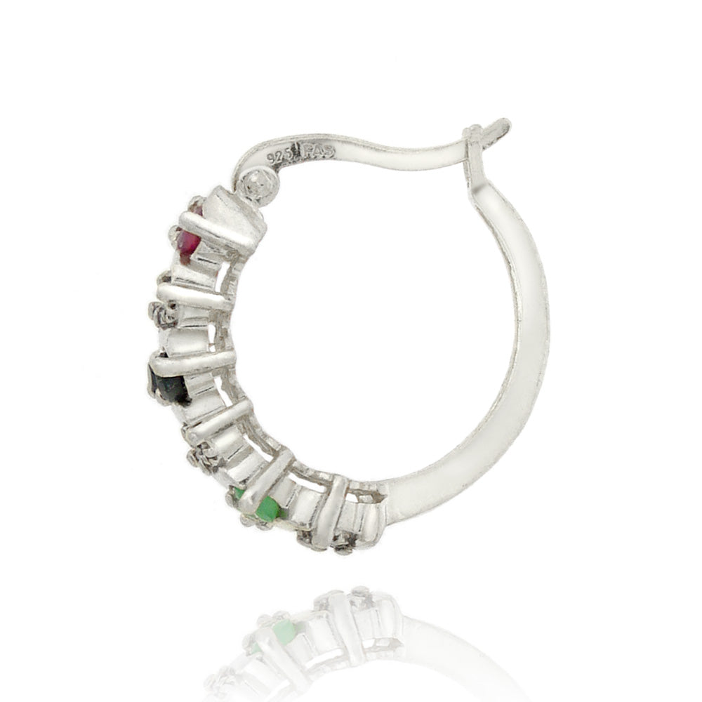 Sterling Silver Multi Color Gemstones & Diamond Accent Hoop Earrings-2