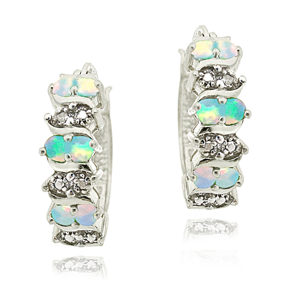 Sterling Silver Created Opal & Diamond Accent Hoop Earrings-2