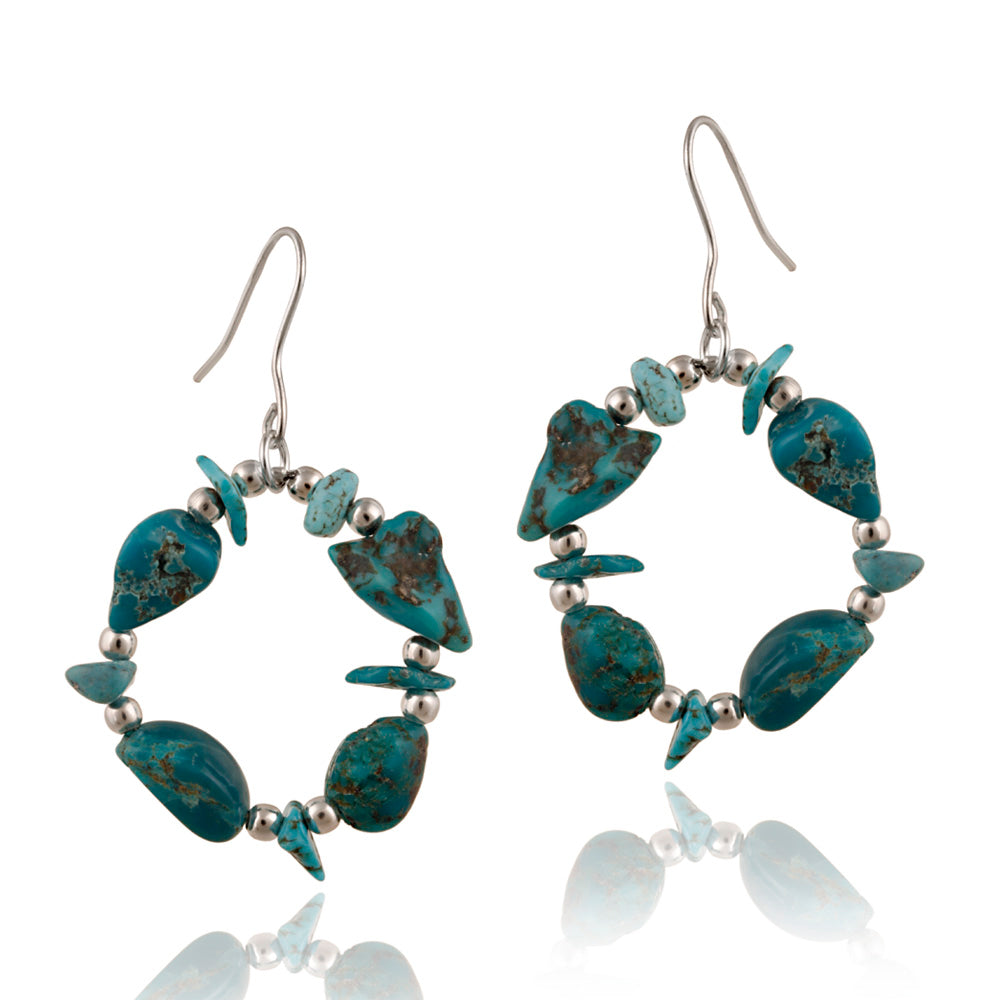 Sterling Silver Created Turquoise Chips Open Circle Dangle Earrings