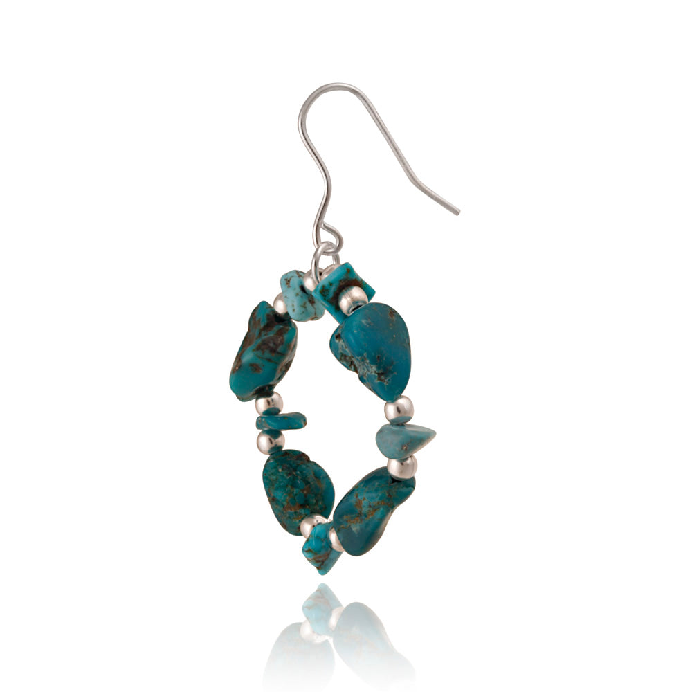 Sterling Silver Created Turquoise Chips Open Circle Dangle Earrings-2