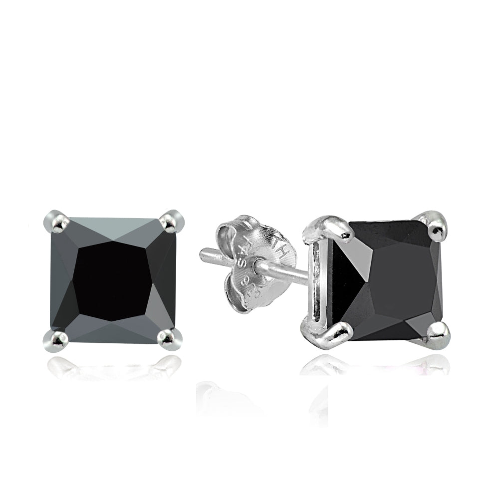 Sterling Silver 6ct Black Cubic Zirconia 8mm Square Stud Earrings