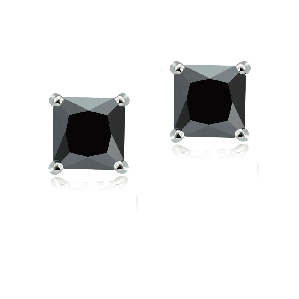 Sterling Silver 6ct Black Cubic Zirconia 8mm Square Stud Earrings-2