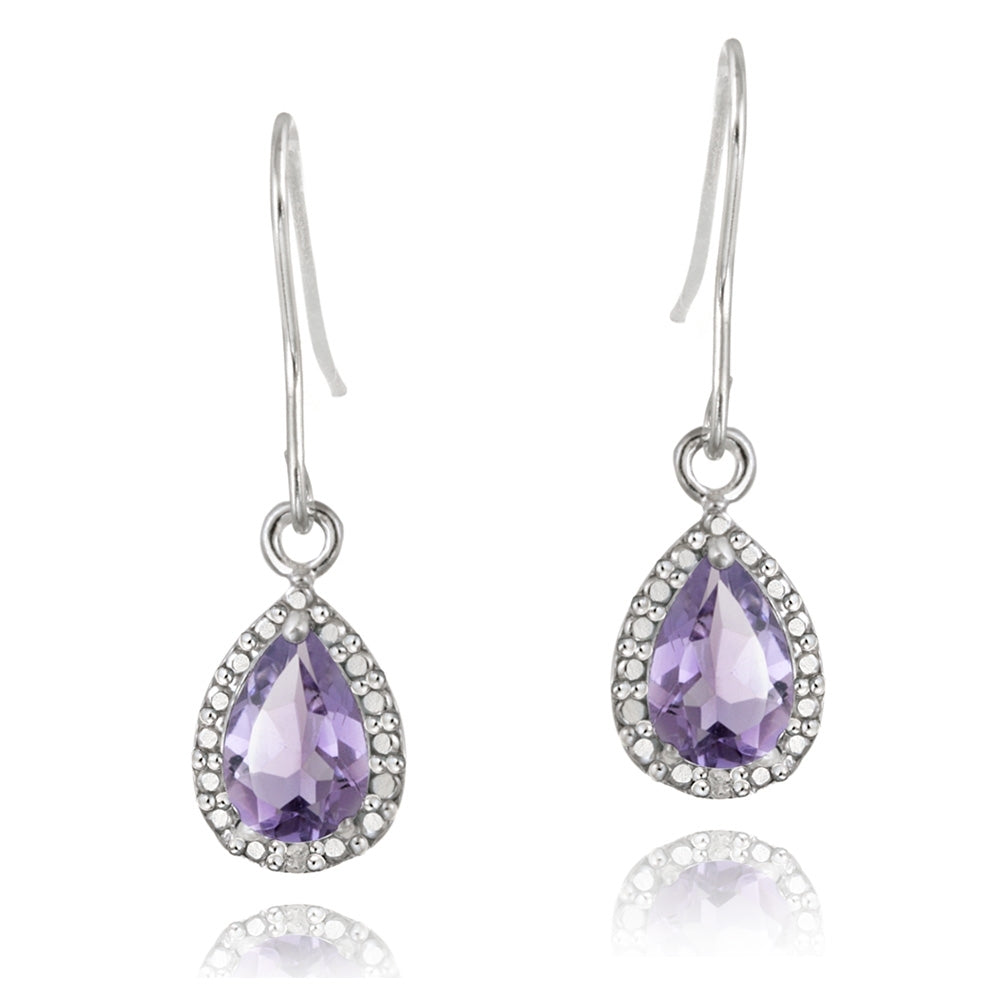 Sterling Silver 2.5ct Amethyst & Diamond Accent Teardrop Dangle Earrings