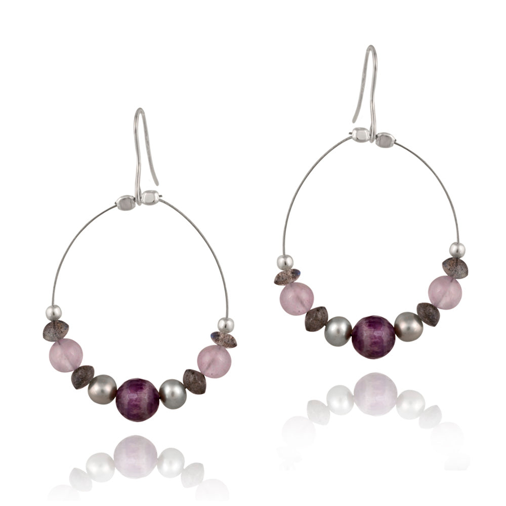 Sterling Silver Gray Pearls, Amethyst Chips & Stones Dangle Wire Earrings