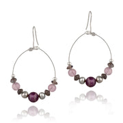 Sterling Silver Gray Pearls, Amethyst Chips & Stones Dangle Wire Earrings
