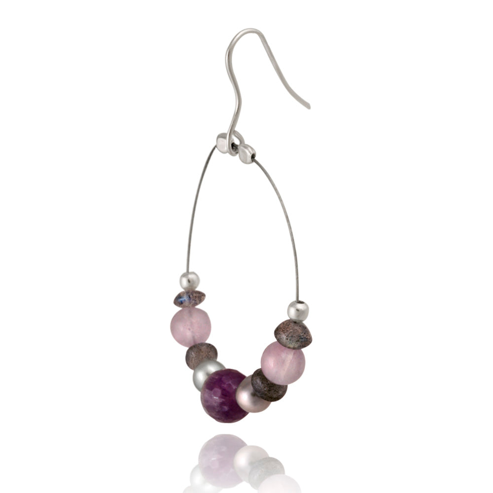Sterling Silver Gray Pearls, Amethyst Chips & Stones Dangle Wire Earrings-2