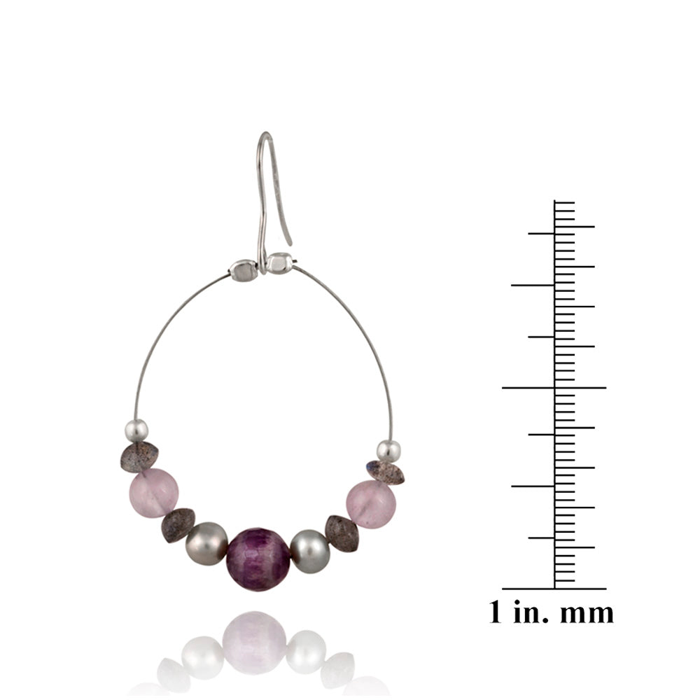 Sterling Silver Gray Pearls, Amethyst Chips & Stones Dangle Wire Earrings-3