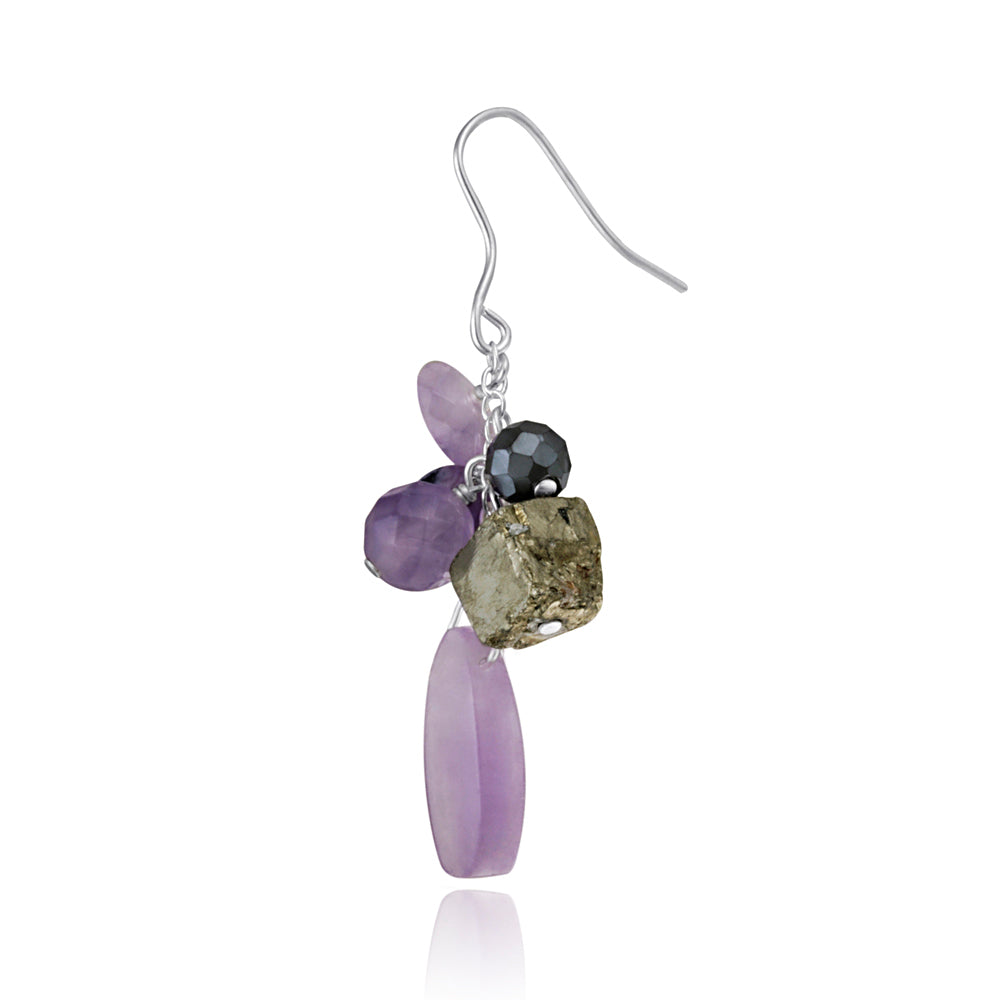 Sterling Silver Pyrite & Amethyst Stones Cluster Earrings-2