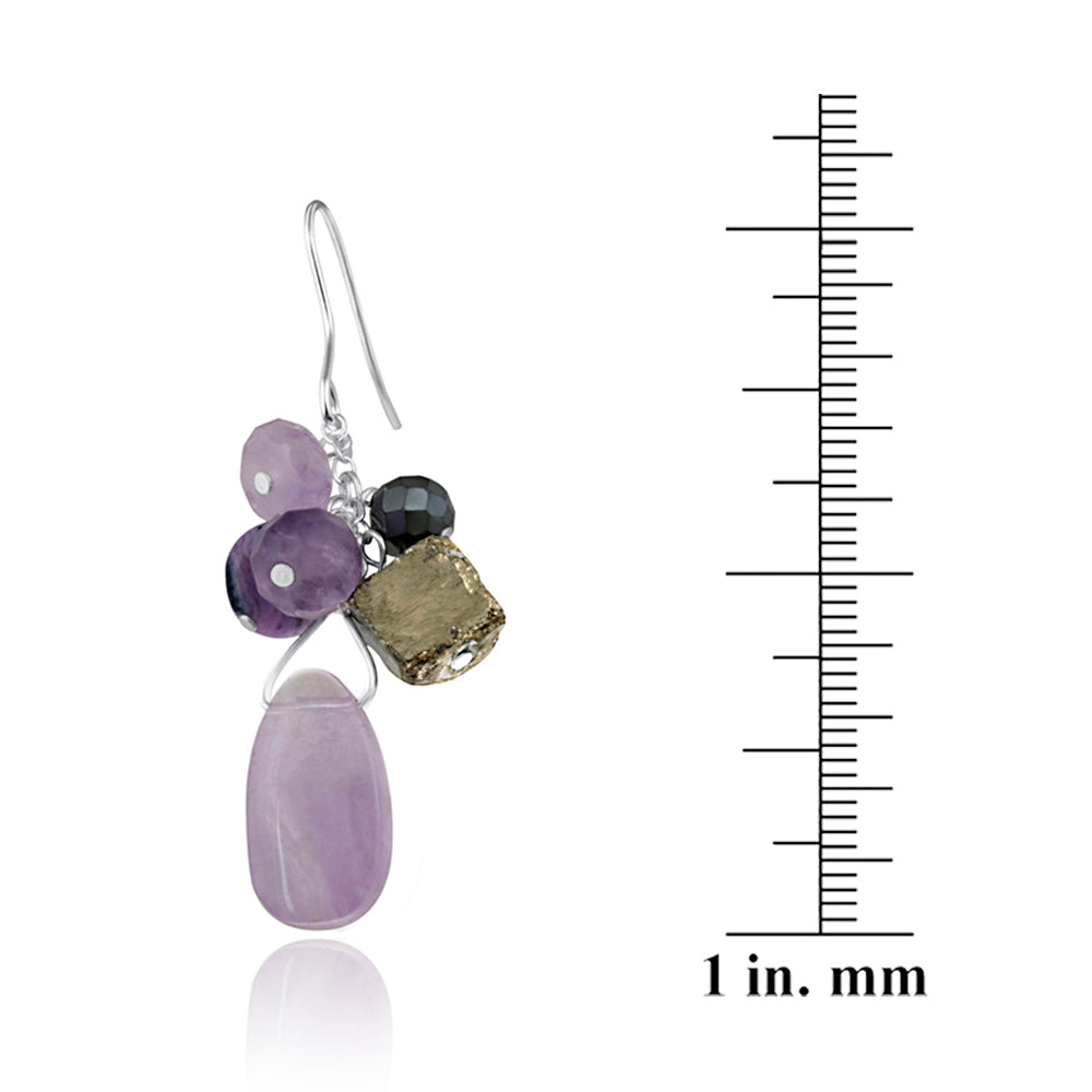 Sterling Silver Pyrite & Amethyst Stones Cluster Earrings-3