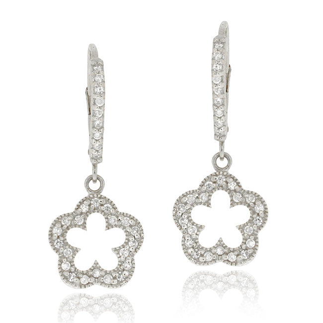 Sterling Silver CZ Open Flower Dangle Leverback Earrings
