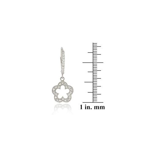 Sterling Silver CZ Open Flower Dangle Leverback Earrings-3
