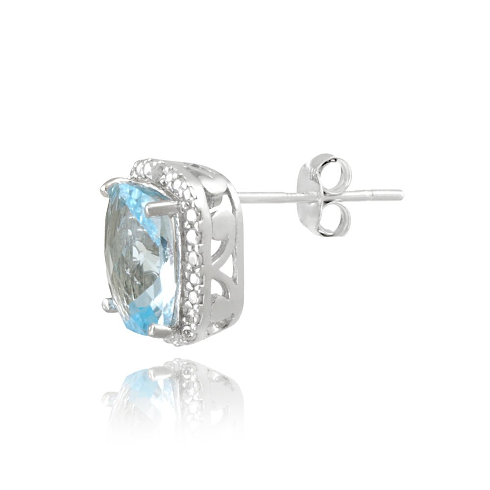 Sterling Silver 8ct Blue Topaz & Diamond Accent Cushion Cut Earrings-2