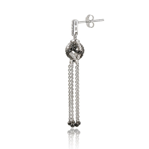 Sterling Silver Black Diamond Accent Dangling Ball Earrings-2