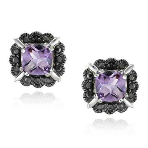 Sterling Silver Amethyst & Black Diamond Accent Stud Earrings